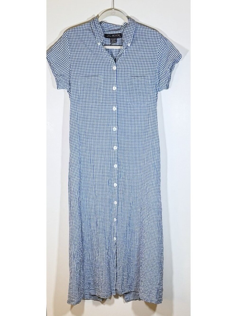 Vintage 80s JG Hook blue white gingham seersucker midi dress button 12 preppy